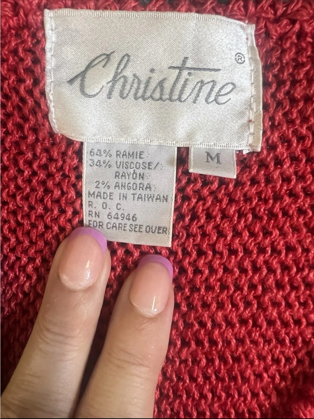 VTG Christine Red White Angora Metallic Thread Batwing Sweater M 80’s Retro - Picture 3 of 9